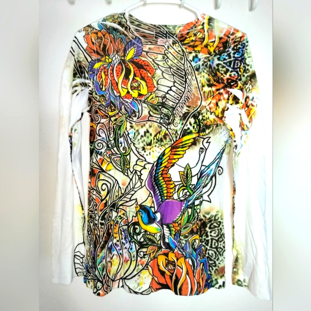 Next Era Couture (Size M) Multicolored Graffiti Embellished LS Top (NEW-NWT)